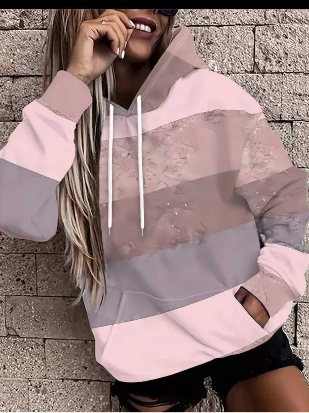 Fashionable Women’s Striped Pink Long Sleeve Pullover Hoodie Shirt